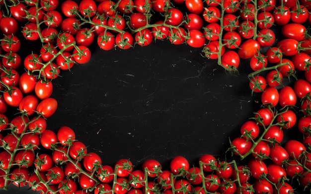 Vista de cima para baixo, pilha de tomate cereja com folhas de videira verde dispostas em moldura de círculo em mármore preto como placa, espaço para texto no meio.