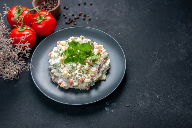 vista de cima salada de maionese de frango com tomate vermelho dentro do prato