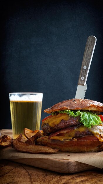 Foto vista de delicioso hambúrguer e batatas fritas com um copo de cerveja em uma mesa de madeira