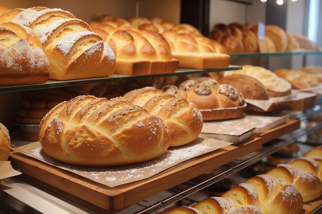 Vista de delicioso pão assado na padaria