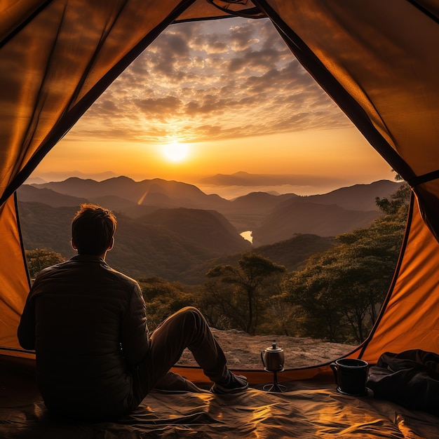 vista de dentro da tenda jovem relaxando