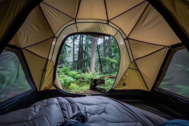 Foto vista de dentro de uma tenda de cúpula com uma pessoa olhando para a floresta