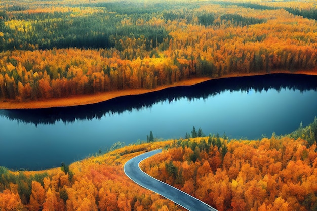 Vista de drone da estrada rural na floresta de outono amarelo e laranja com lago azul na Finlândia. renderização 3D.