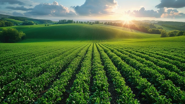 Vista de drone de um campo verde exuberante com fileiras de culturas de biocombustíveis conceito ecológico