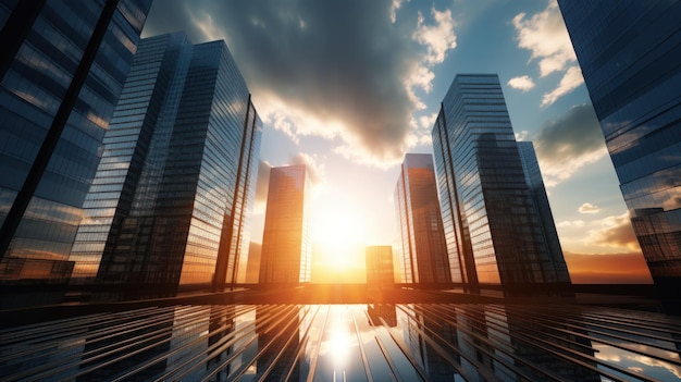 Vista de edifício alto do chão olhando para cima Vista de baixo de edifícios de escritórios corporativos modernos IA geradora