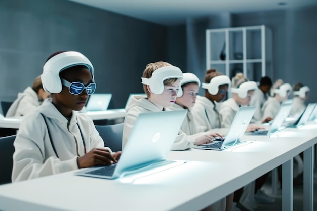 Vista de estudantes sentados em mesas usando fones de ouvido de realidade aumentada de IA gerativa
