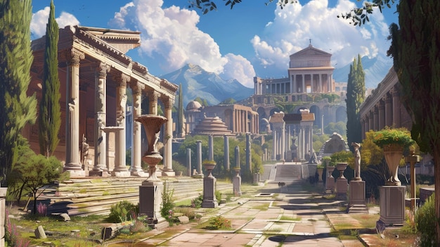 Vista de ficção da Roma antiga no verão paisagem de templos ruínas cenário de edifícios antigos e céu conceito de Império Romano pintura história antiga viagem