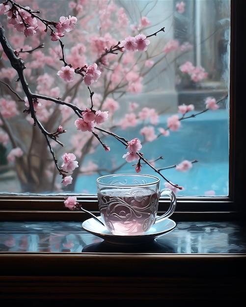 Foto vista de flores de cerejeira com café na janela