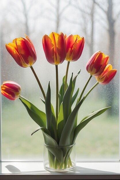 Vista de flores de tulipa atrás de vidro condensado