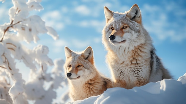 vista de foto de gatos selvagens curiosos à procura de algo interessante em uma floresta coberta de neve gerada por AI