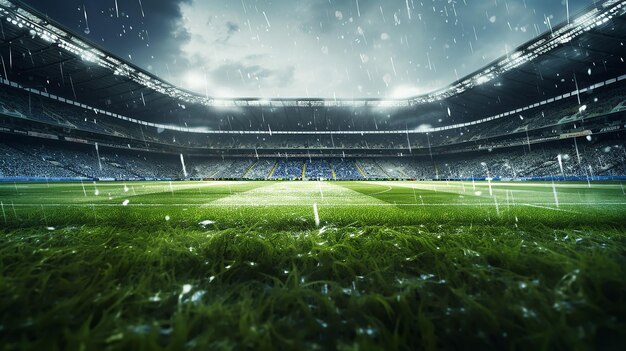 vista de fundo de grama verde de um estádio de futebol na chuva