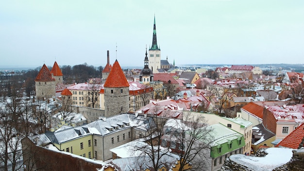 Vista de inverno em telhas cobertas de neve dos edifícios da cidade de Tallinn