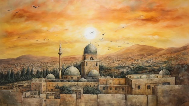 Vista de Masjid AlAqsa contra o pano de fundo de um sol poente com aquarelas da bandeira palestina