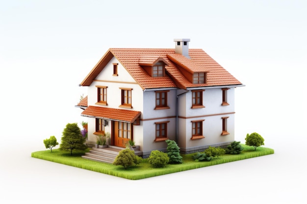 Vista de modelo de casa 3D em fundo branco vista isométrica modelo de casa pequena com painéis solares isolados em fundo branco gerado pela IA