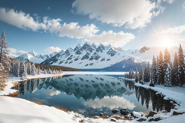 Vista de montanhas nevadas cheias de árvores ao lado de um lago calmo durante o dia