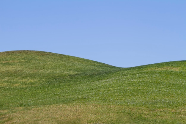 Foto vista de montes verdes desencapados com um céu azul.