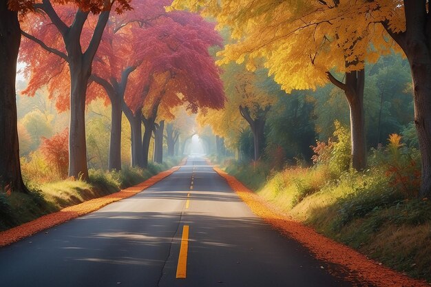 Vista de outono de tirar o fôlego de uma estrada cercada por folhas de árvores bonitas e coloridas