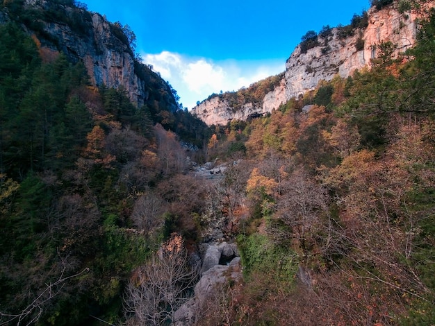 Vista de outono no cânion Aisclo no Parque Natural de Ordesa y Monte Perdido, com o Rio Bellos