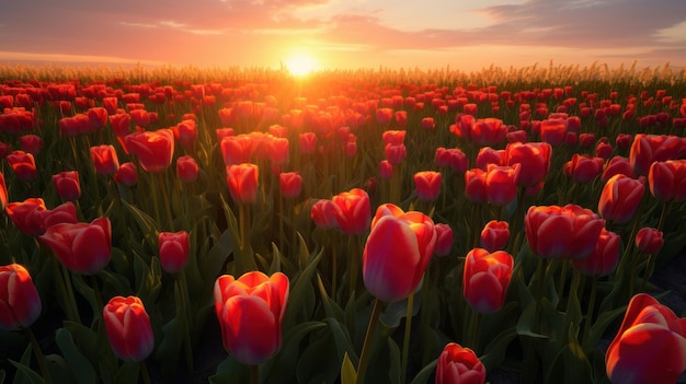 vista de paisagem do pôr-do-sol em um campo de tulipas