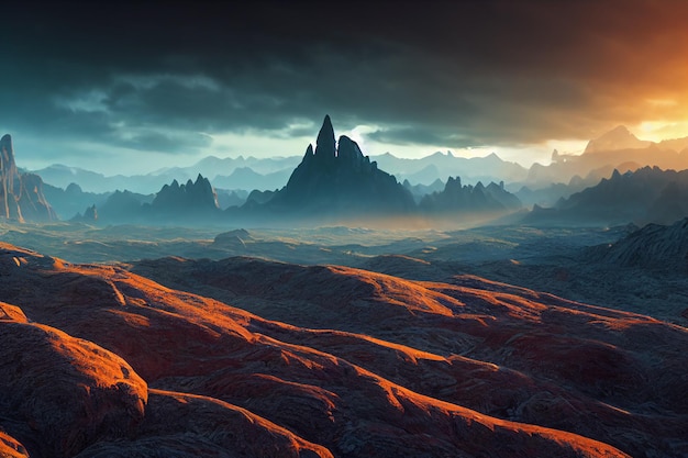 Vista de paisagens incríveis da montanha com hora de ouro na ilustração 2D da manhã do nascer do sol