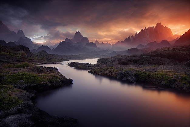 Vista de paisagens incríveis da montanha com hora de ouro na ilustração 2D da manhã do nascer do sol