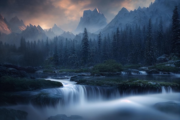 Vista de paisagens incríveis da montanha com hora de ouro nascer do solCriado com tecnologia Generative AI