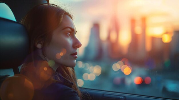 Vista de perfil de uma empresária pensativa olhando pela janela de um táxi ao pôr do sol na cidade