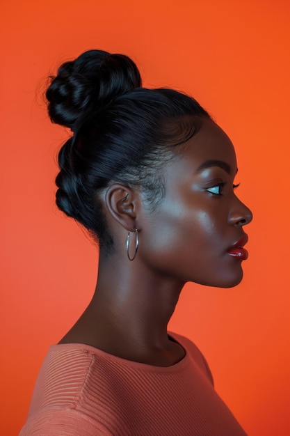 Vista de perfil de uma mulher exibindo um penteado sofisticado contra um fundo laranja