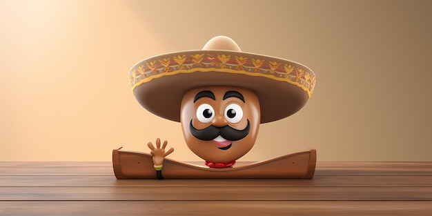 vista de personagem mexicano hispânico em 3D em fundo de mesa de madeira