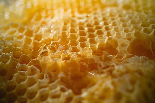 Vista de perto da estrutura do favo de mel na calorosa luz dourada
