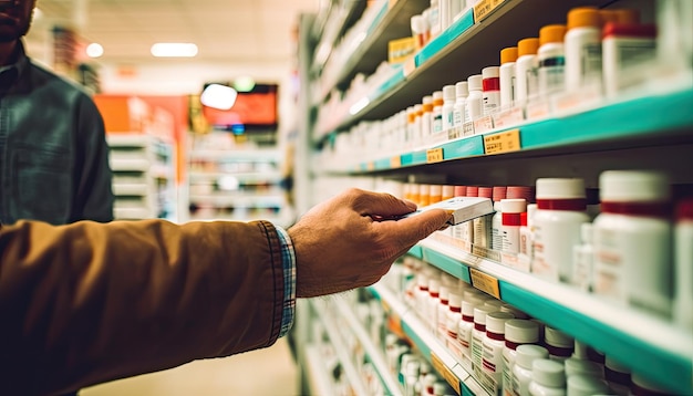 vista de perto da mão do farmacêutico a tirar a caixa de medicamentos da prateleira da farmácia