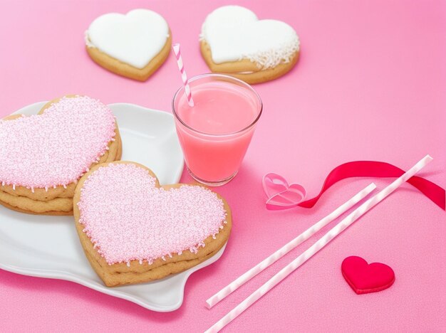 vista de perto de biscoitos em forma de coração doce e palha decorativa em rosa