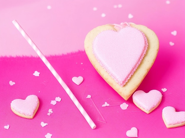 vista de perto de biscoitos em forma de coração doce e palha decorativa em rosa