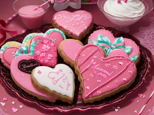 Foto vista de perto de biscoitos em forma de coração doce e palha decorativa em rosa