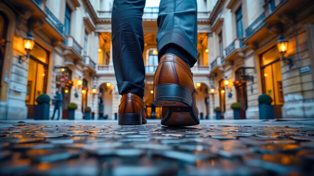 Vista de perto de botas de couro masculinas de um empresário em uma grande cidade