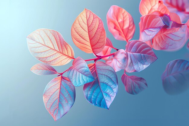 Foto vista de perto de folhas coloridas contra um fundo azul suave que reflete a iluminação artística