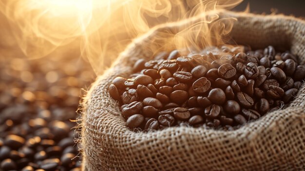 Vista de perto de grãos de café com vapor em Burlap