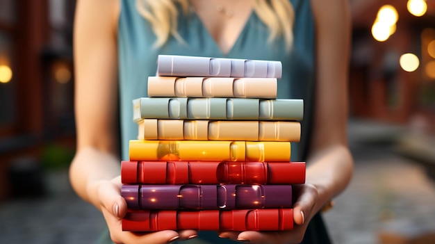 Foto vista de perto de mãos segurando uma pilha de livros de capa colorida e um tijolo branco no fundo