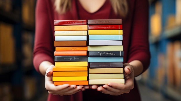 Foto vista de perto de mãos segurando uma pilha de livros de capa colorida e um tijolo branco no fundo