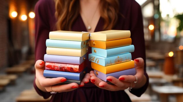 Foto vista de perto de mãos segurando uma pilha de livros de capa colorida e um tijolo branco no fundo