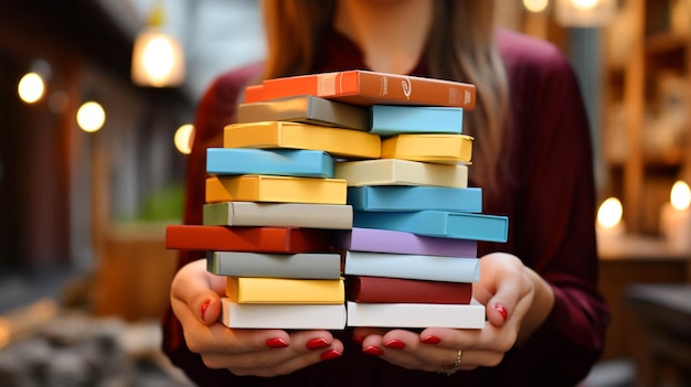 Foto vista de perto de mãos segurando uma pilha de livros de capa colorida e um tijolo branco no fundo