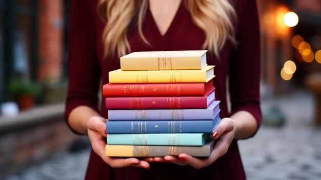 Foto vista de perto de mãos segurando uma pilha de livros de capa colorida e um tijolo branco no fundo