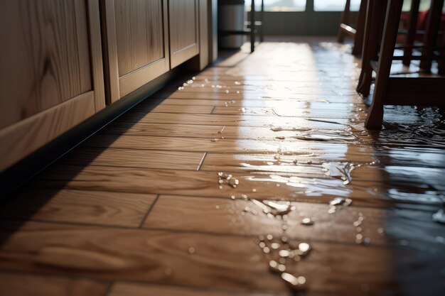 Vista de perto de um chão da cozinha encharcado de água danos causados pela água