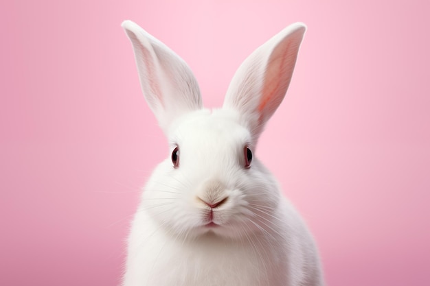 Vista de perto de um coelho branco em um fundo rosa claro conceito de Páscoa