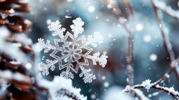 Vista de perto de um floco de neve descansando em um galho de árvore Esta imagem pode ser usada para retratar a beleza da natureza no inverno