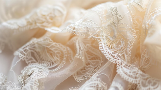 Vista de perto de um tecido de encaixe branco elegante com padrões intrincados