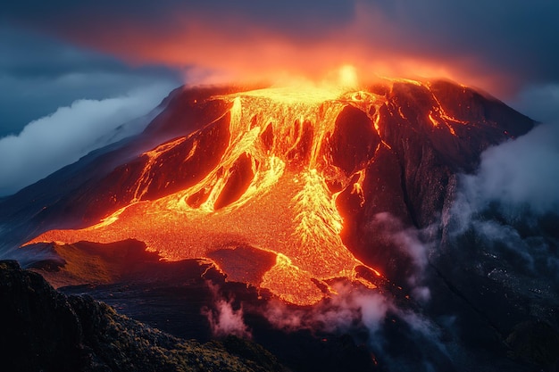 Foto vista de perto de uma erupção vulcânica com fluxos de lava