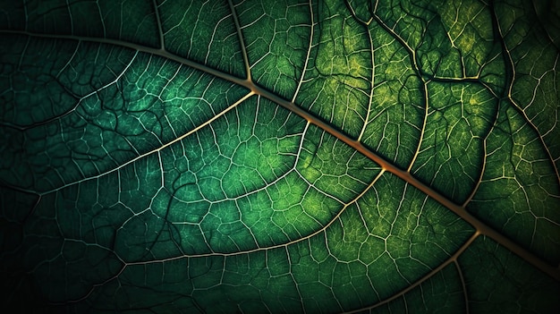 Vista de perto de uma folha verde uma fotografia macro com veias e variedade de tons verdes