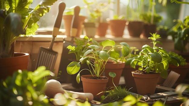 Foto vista de perto de uma série de plantas e ferramentas de jardim