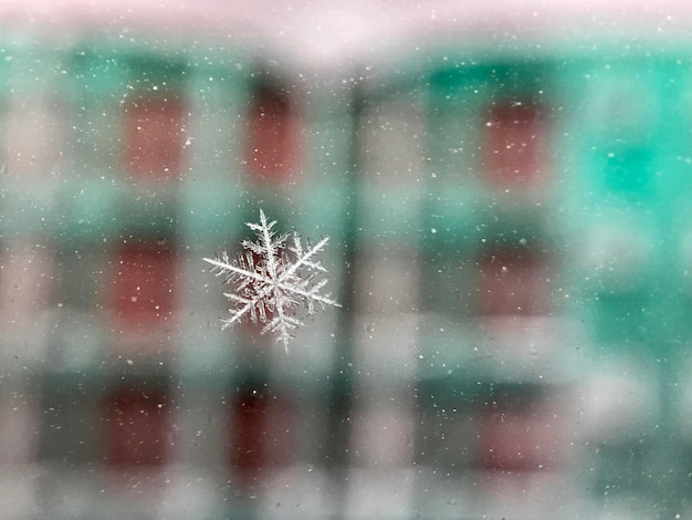 Foto vista de perto do floco de neve em uma janela de vidro